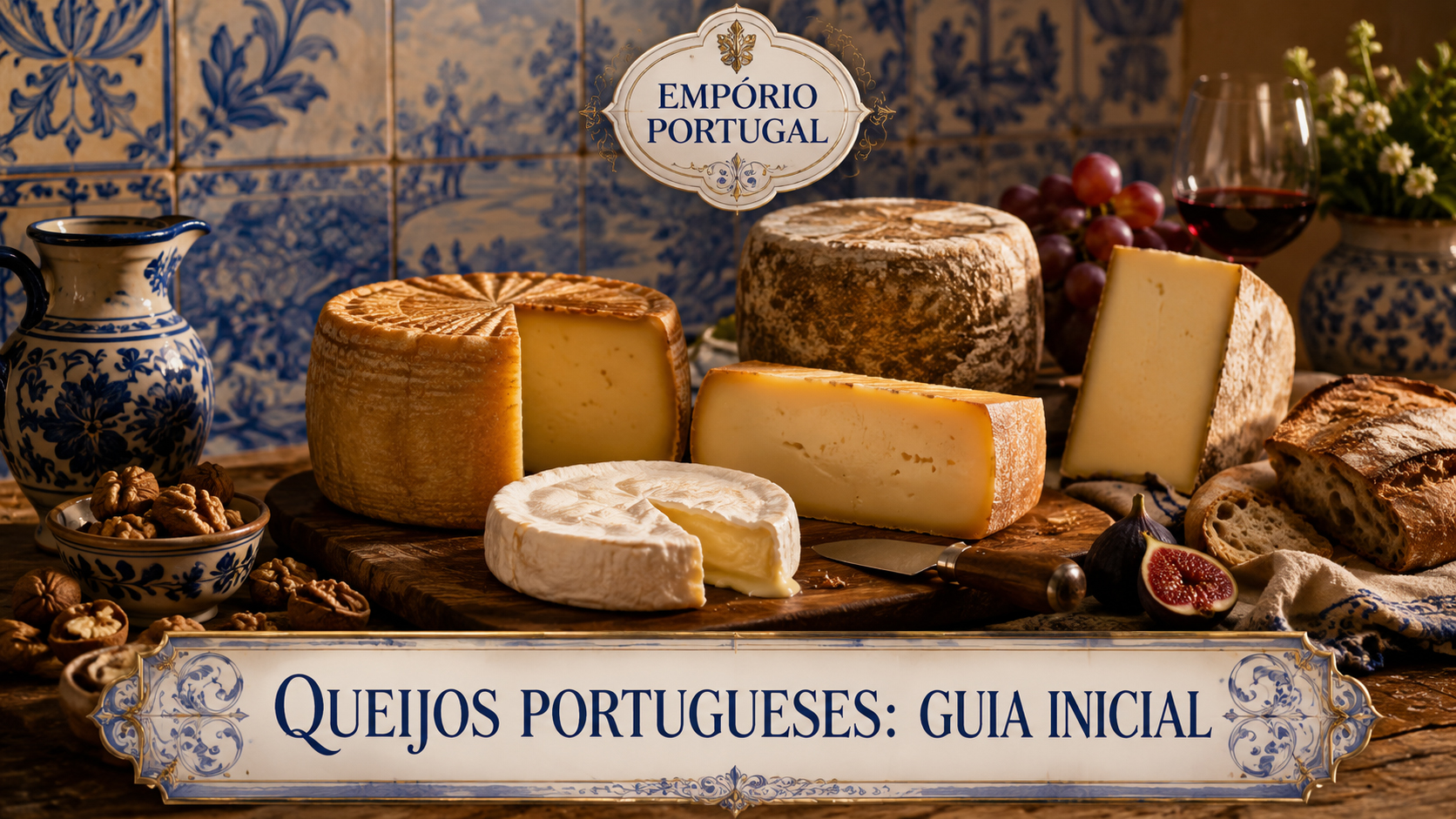 Seleção de queijos portugueses com pão, uvas, frutos secos e elementos da mesa portuguesa em composição gastronômica premium do Empório Portugal