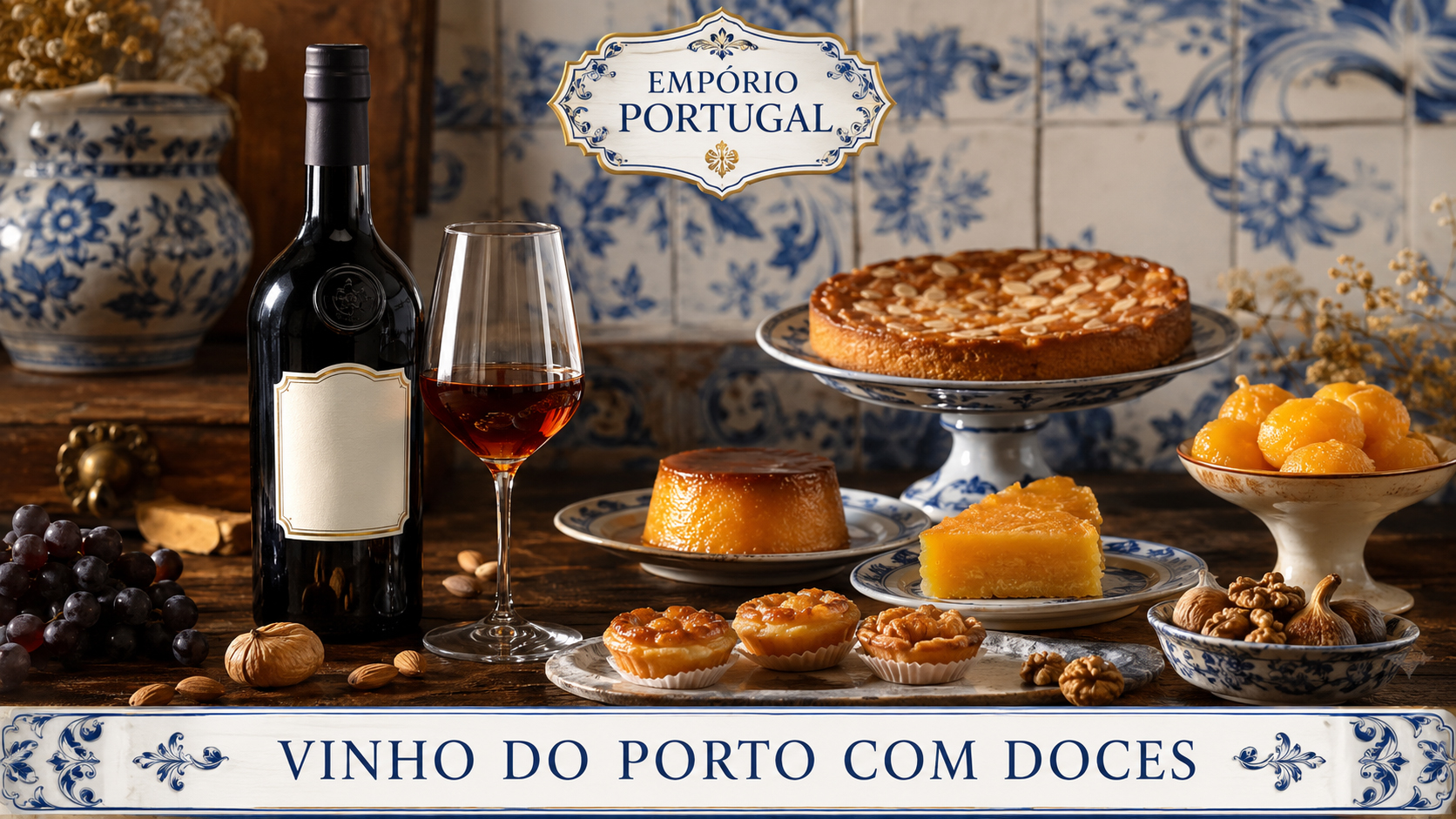 Vinho do Porto harmonizado com doces portugueses em composição gastronômica premium do Empório Portugal