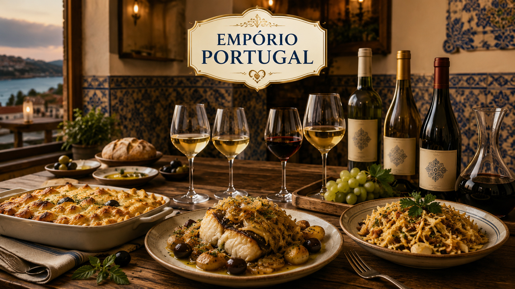Vinho servido ao lado de um prato português de bacalhau em mesa editorial do Empório Portugal