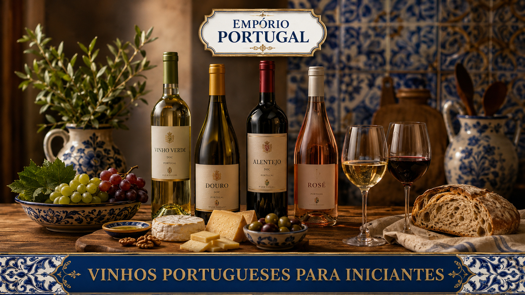 Mesa portuguesa com vinhos para iniciantes — garrafas, taças e petiscos em composição editorial do Empório Portugal
