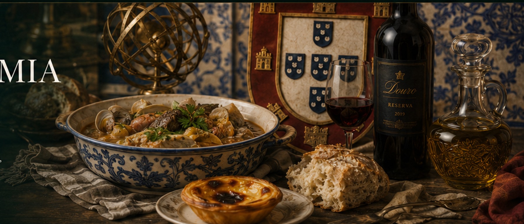 Mesa portuguesa com pão, azeite e pratos tradicionais — composição editorial premium
